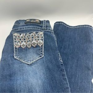Grace in LA Women's Aztec Motif Embroidered Bootcut Stretch Jeans 32x31.